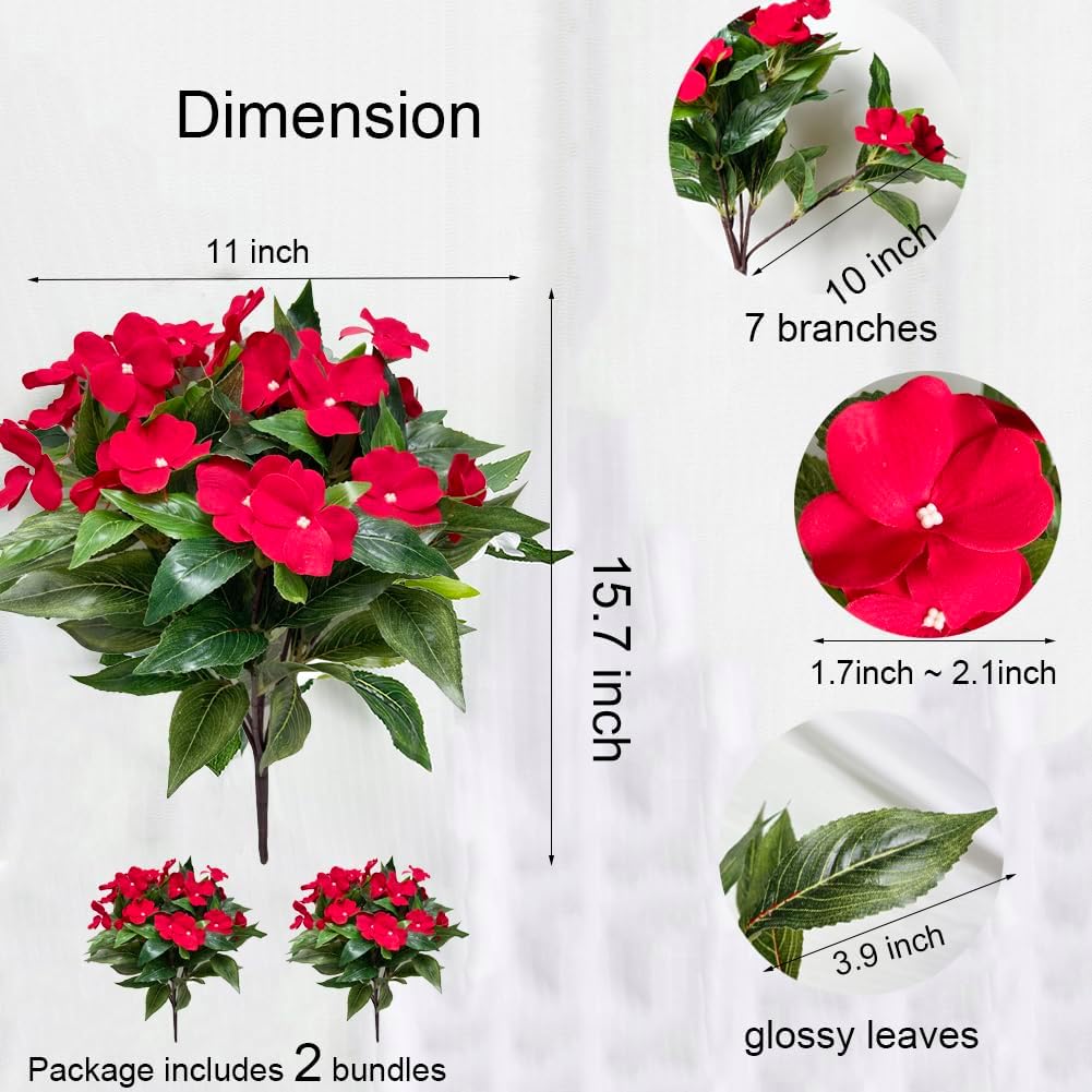 2pcs Artificial Impatiens Bouquet Fake Outdoor Flowers Impatiens Plants Decor Indoor Planters Balcony Decorations, Red
