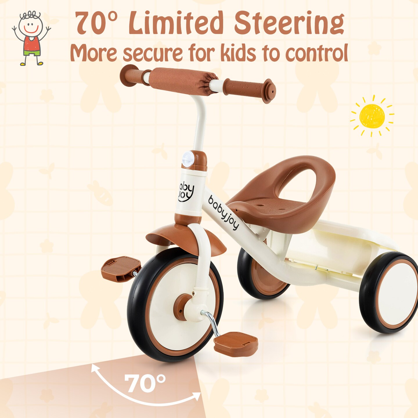 Metal Tricycle Kids Trike with Adjustable Seat and Storage Basket for Ages 3-5 Years