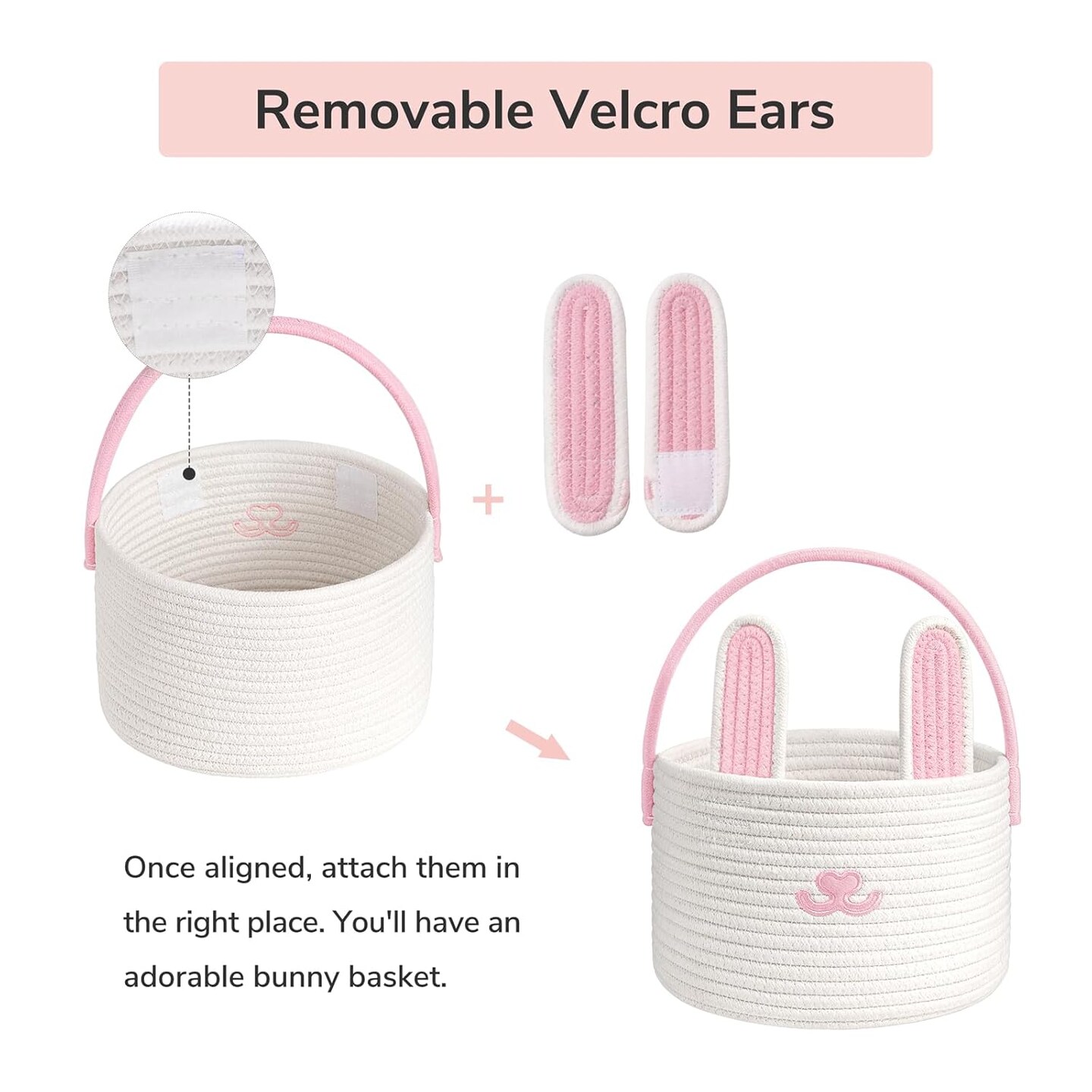 Baby Easter Basket Empty Gift Basket, Woven Rope Basket with Handles, Easter Bunny Baskets for Toddle Boys Girls, Easter Egg Basket with Decorative Rabbit, Pink