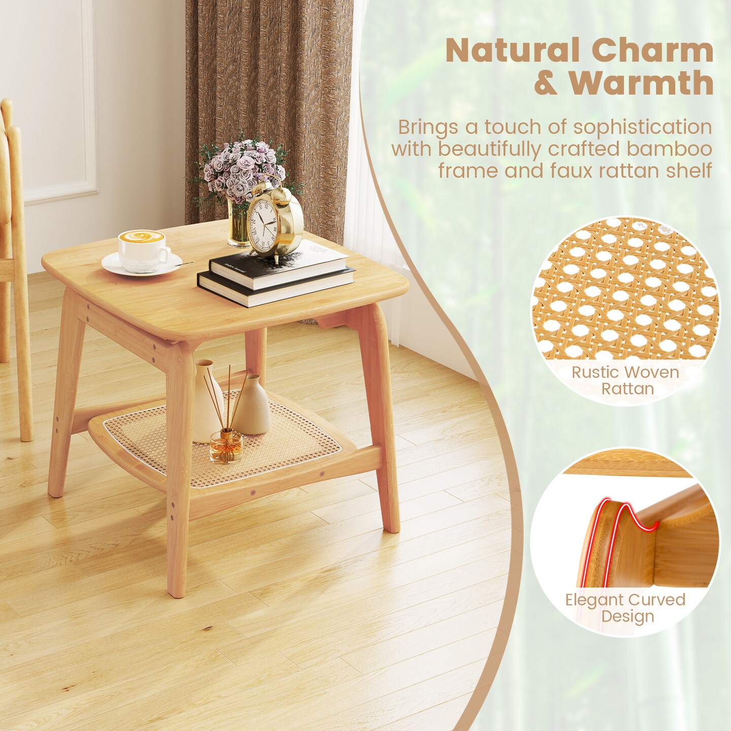 Wicker Sofa Side Table with Faux Rattan Storage Shelf-Natural