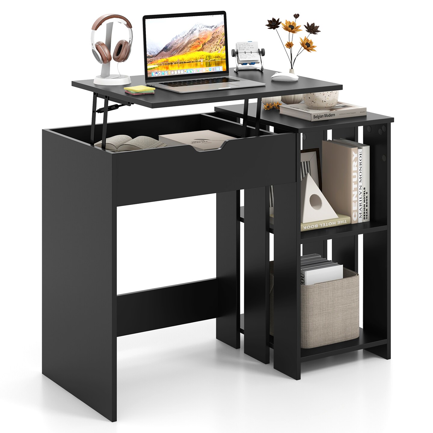 Black Space Saving Computer Desk with Hidden Compartment and Open Storage Shelves