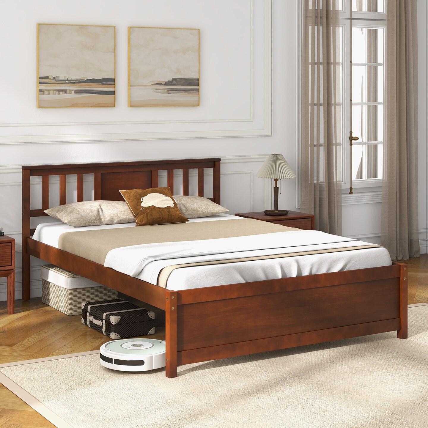 Wooden Platform Bed with Headboard and Slat Support