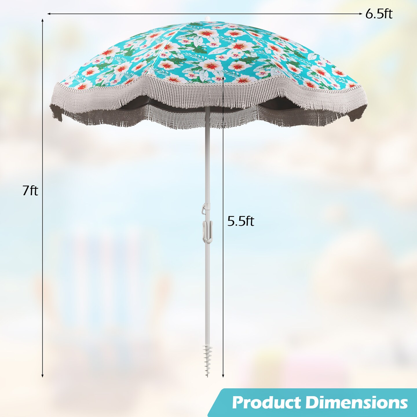 6.5 FT Beach Umbrella with Fringe, Outdoor Tassel Design, Push Button Tilt, UV Protection