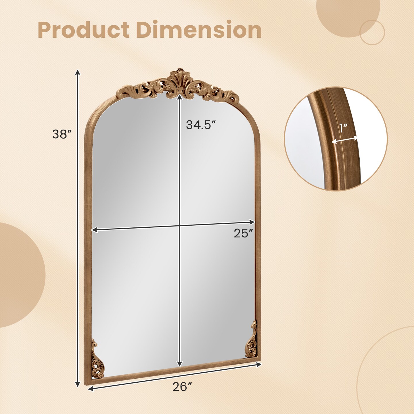 Arched Mirror for Wall Gold Traditional Vintage Ornate Baroque Mirror with Metal Frame