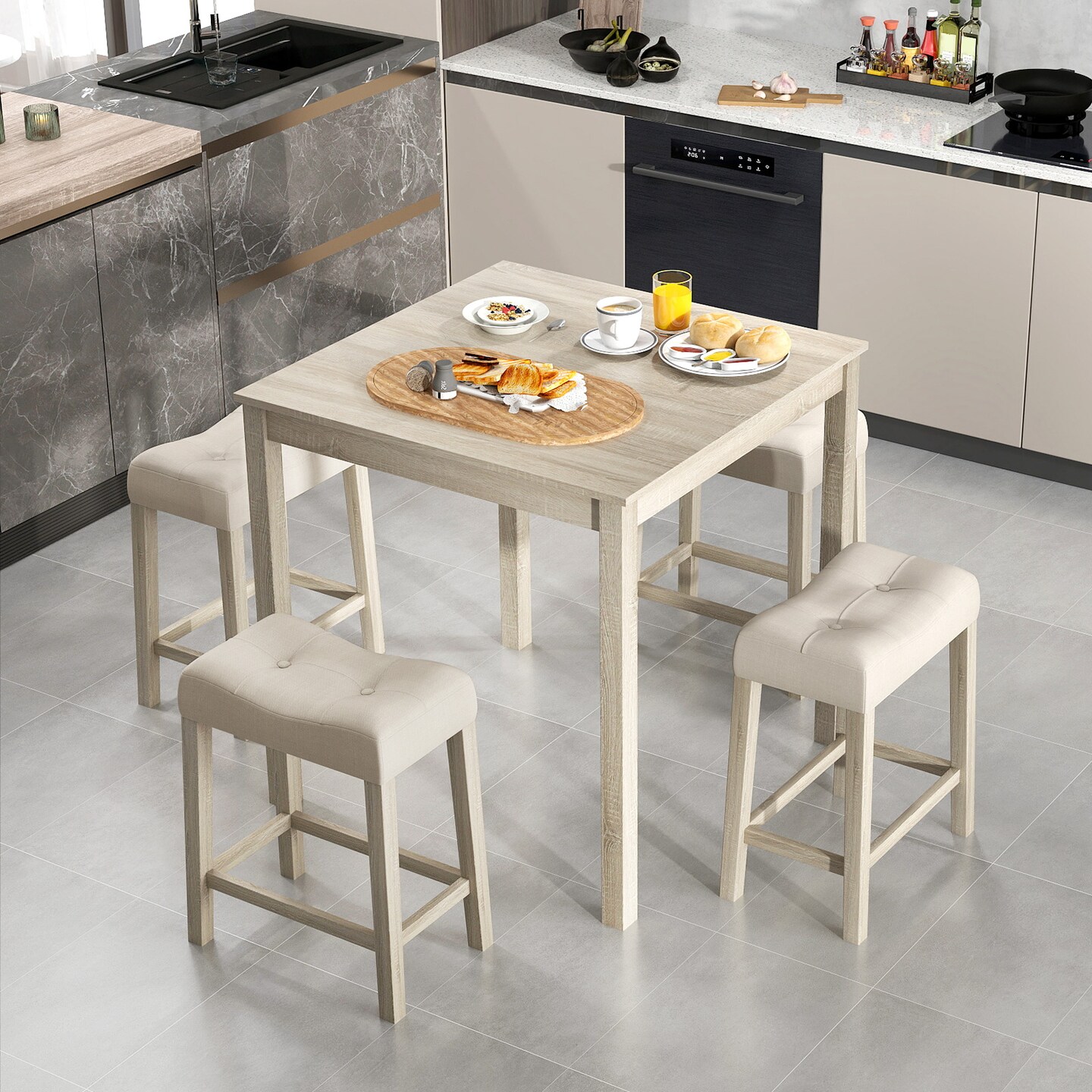 5 Pieces Bar Table Set with Square Table and 4 Padded Stools-Grey