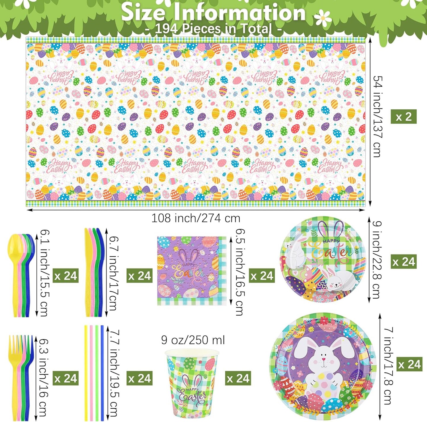 194 Pieces Disposable Easter Colorful Tableware Set Bunny Party Supplies Include Easter Plates Cups Napkins Cutlery Colorful Eggs Tablecloth for Easter Party Supplies Table Decoration Serves 24