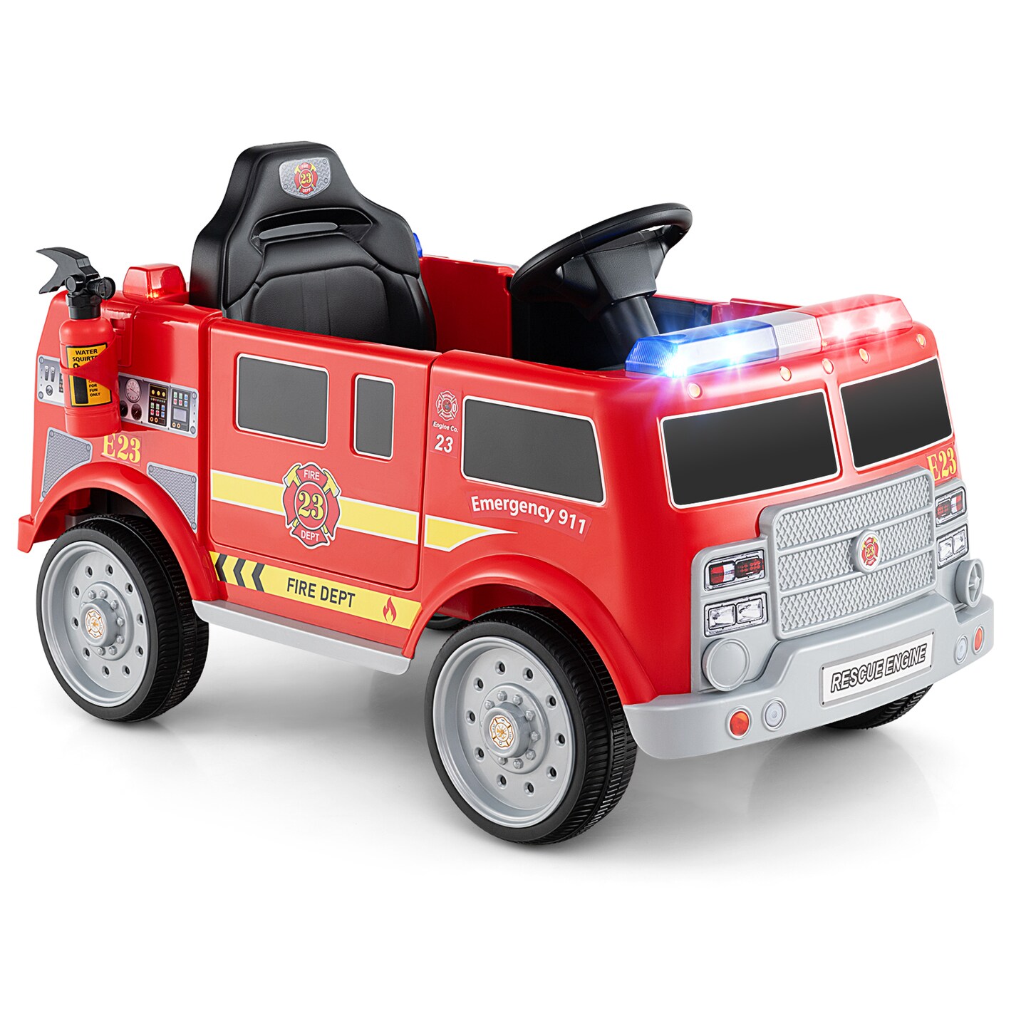 Red Plastic Ride-On Fire Truck with Remote Control, Extinguisher, and Lights