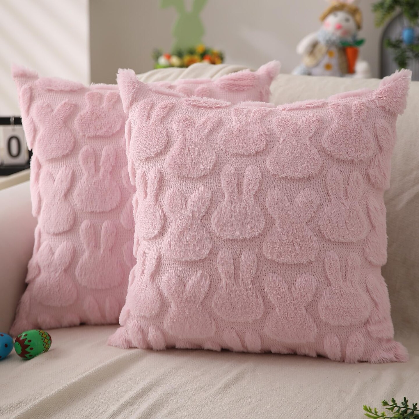 Easter Pillow Covers 18x18 inch Set of 2 Easter Decoration Pink Rabbit Soft Plush Faux Fur Jacquard Throw Pillows