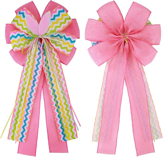 2 Pcs Large Easter Burlap Bow 20 x 10 Inch Wreaths Spring Bunny Rabbit Bows for Gift Wrapping Tree Topper Front Door Party Home Decorations (Easter)