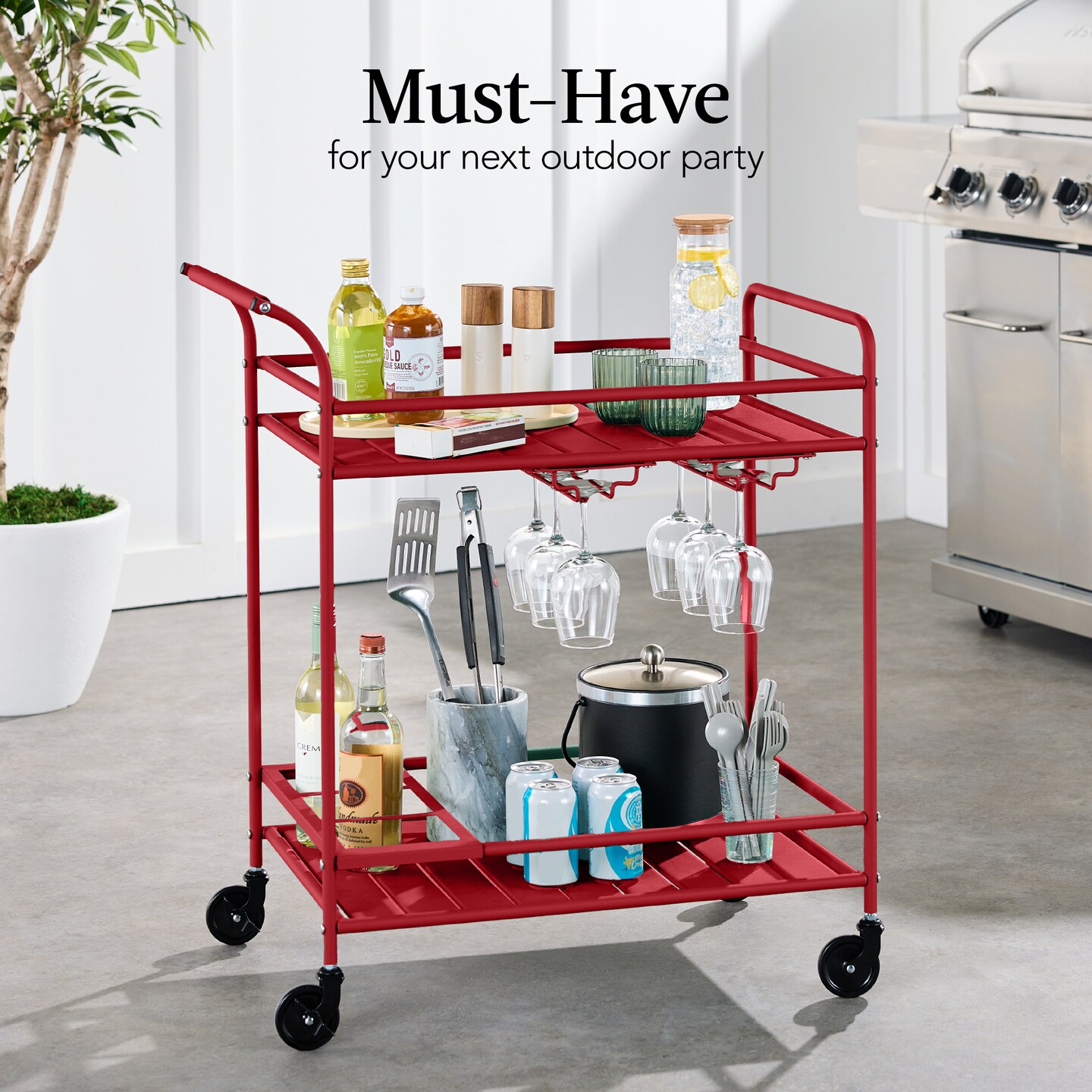 Best Choice Products 2-Tier Rolling Bar Cart Indoor/Outdoor w/ Storage Shelves, Wine Rack, Lockable Wheels