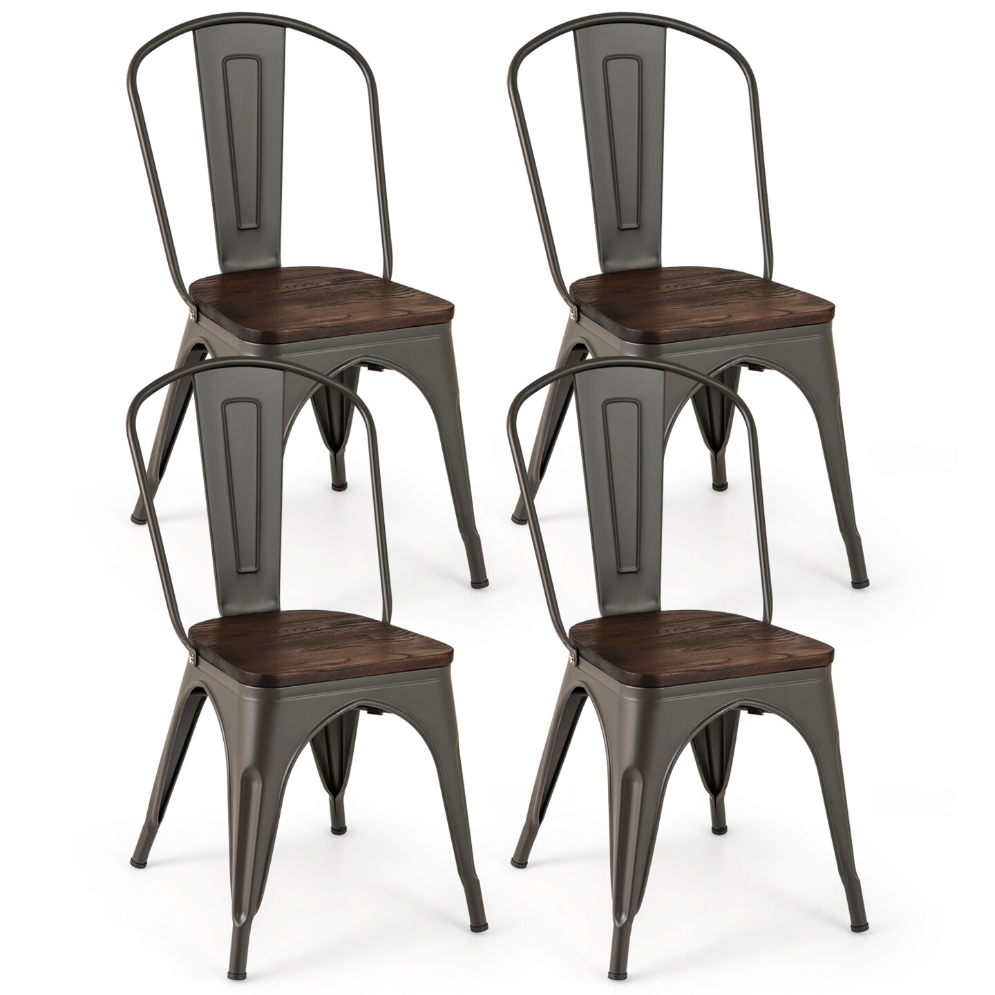 Metal Style Dining Chairs Set of 4, Stackable Kitchen Chairs with Wood Seat