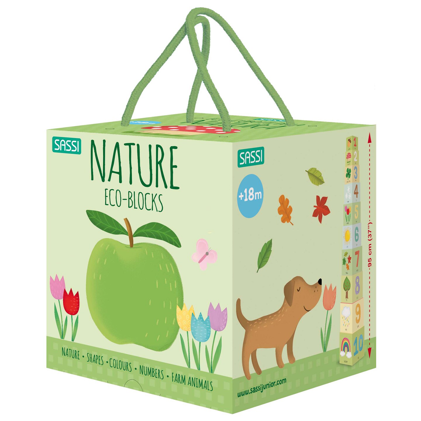Sassi: Eco-Blocks - Nature - 10 Stacking Cubes &#x26; Booklet Set, Nature-Shapes-Colors-Numbers-Farm Animals, Learn &#x26; Play Education, Kids-Toddlers 18Mo+