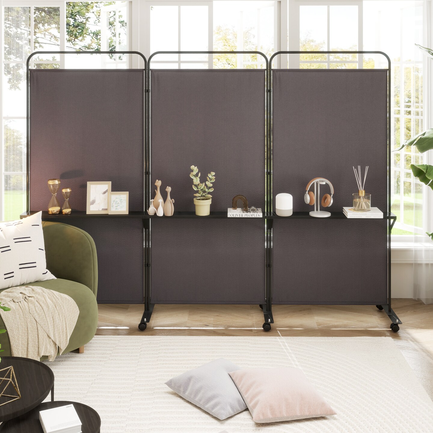 3-Panel Folding Room Divider with 3 Metal Shelves and Lockable Wheels
