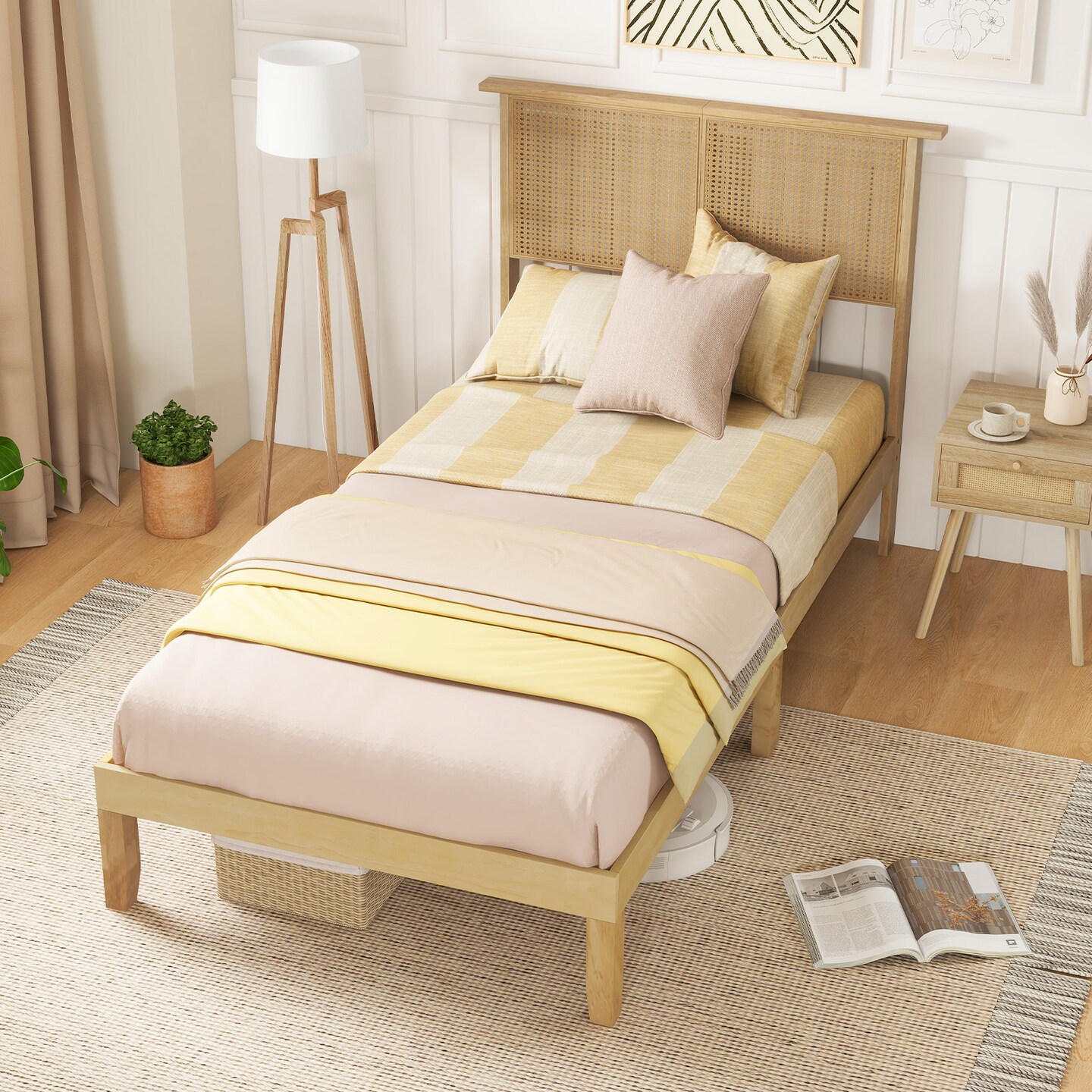 Natural Platform Bed Frame with Rattan Headboard and 12 Wooden Slats