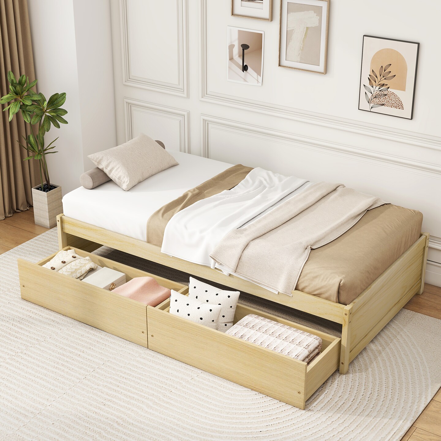 Wooden Twin Captain Bed with Storage Drawers and Daybed Function
