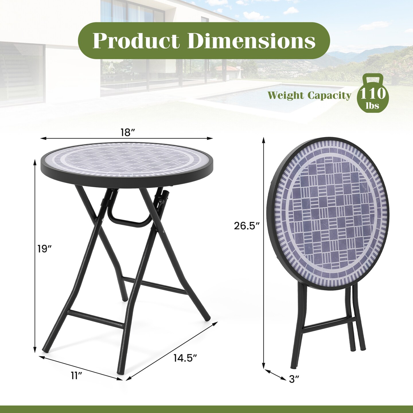 Black Metal Folding Side Table 18 Inch Round Compact Patio Coffee Table with Easy Storage