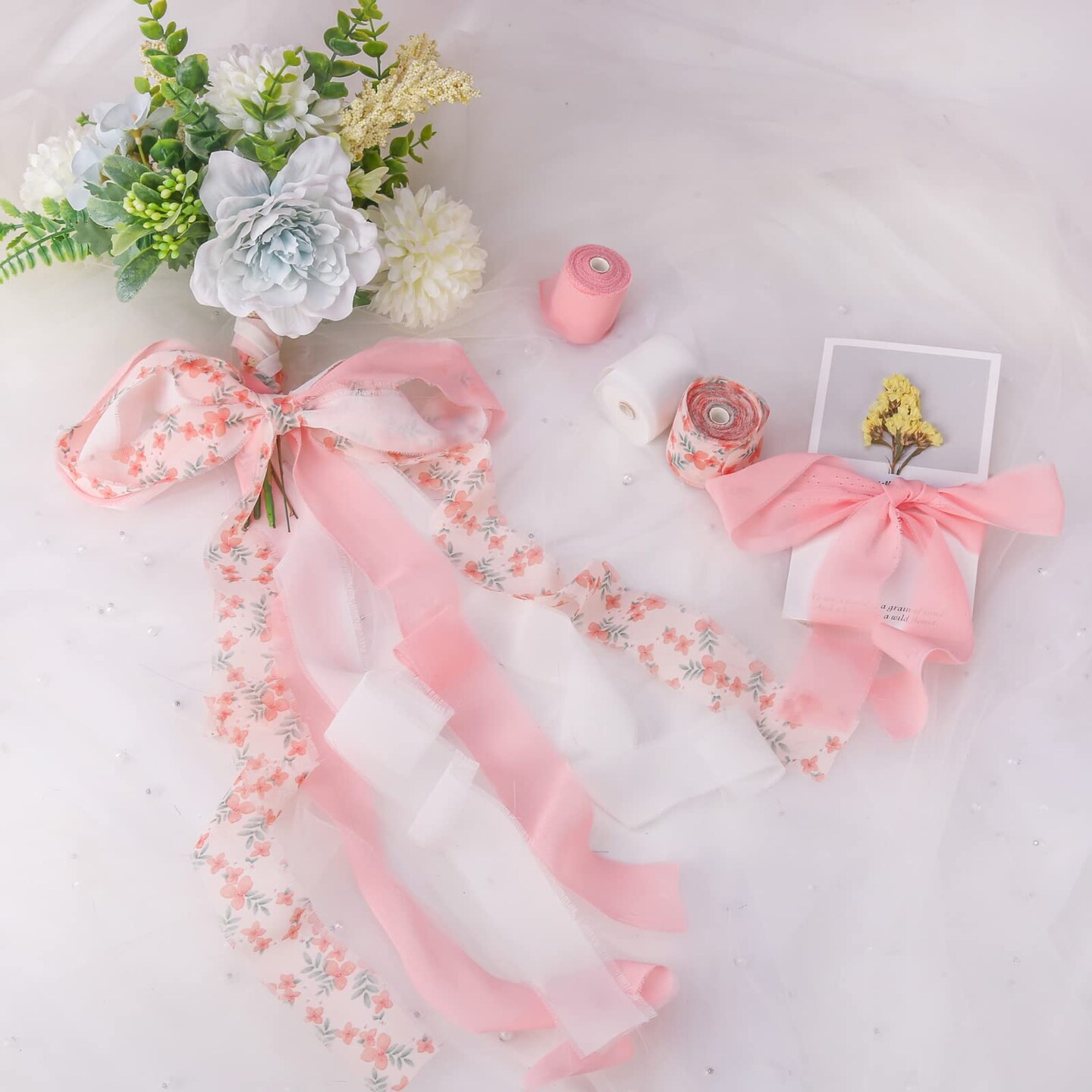 Dseason Handmade Fringe Floral Silk Chiffon Ribbons 1.5" x 7 Yards, 3 Rolls 21 Yards Pink Floral Ribbons Set for Wedding Invitations, Bridal Bouquets, Gifts Wrapping, DIY Crafts Decoration