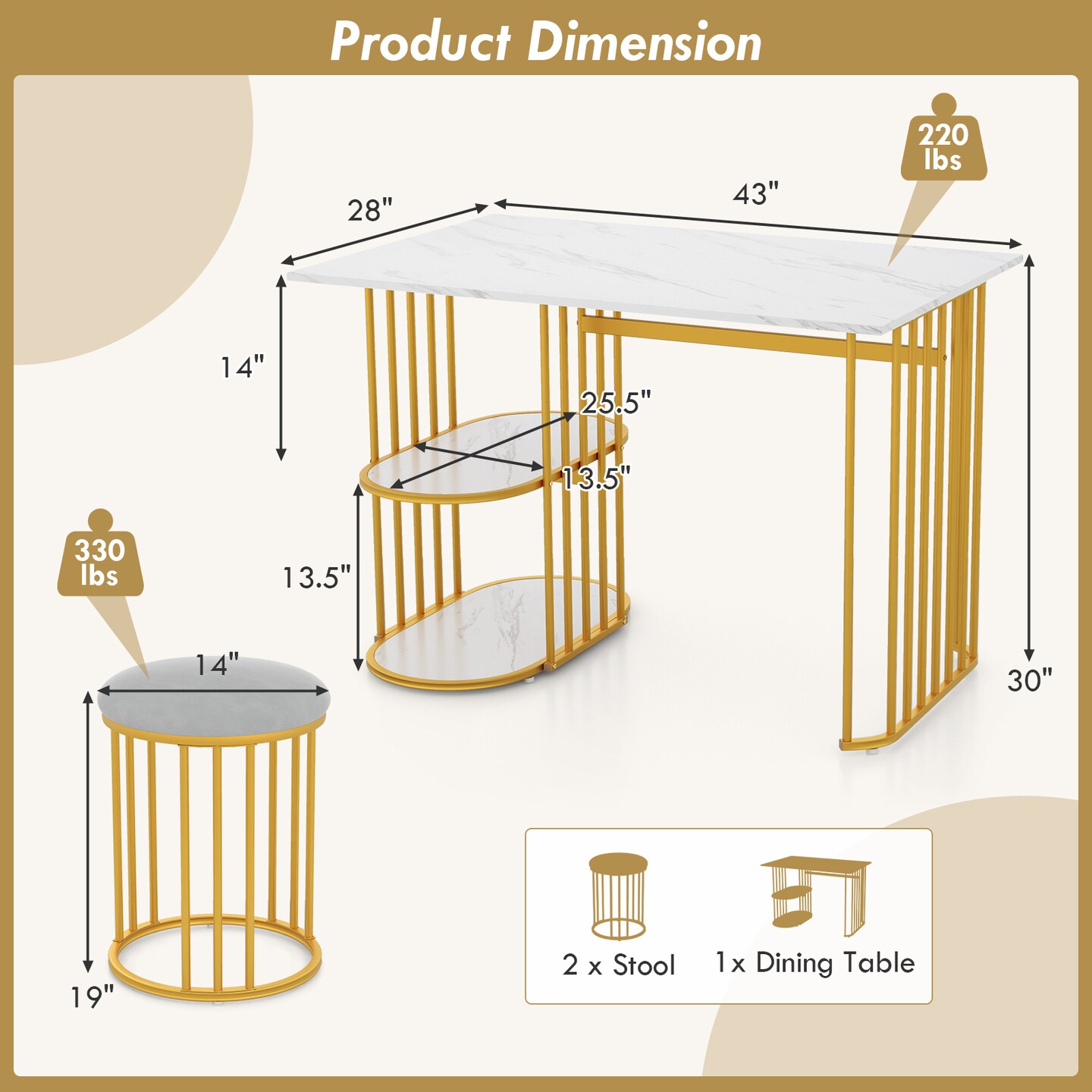 Rectangular Dining Table for 2 with 2-tier Storage Shelf for Small Space Dining Room-White
