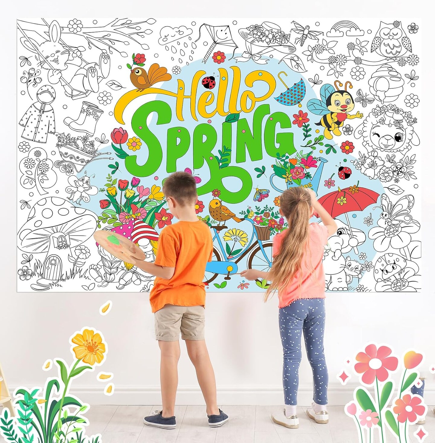 Hello Spring Coloring Poster with 24pcs Paint Pens,Spring Party Jumbo Paper Coloring Banner