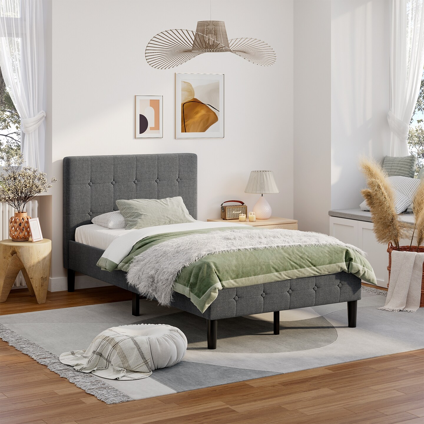 Button Tufted Twin Upholstered Bed Frame with Padded Headboard