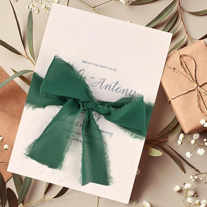 3 Rolls Bright Green Handmade Fringe Chiffon Ribbon 1.5&#x22; x 7Yd Silk-Like Ribbon Colorful Rustic Ribbon for Bouquets Wrapping Decor Wedding Tie Invitations Crafts