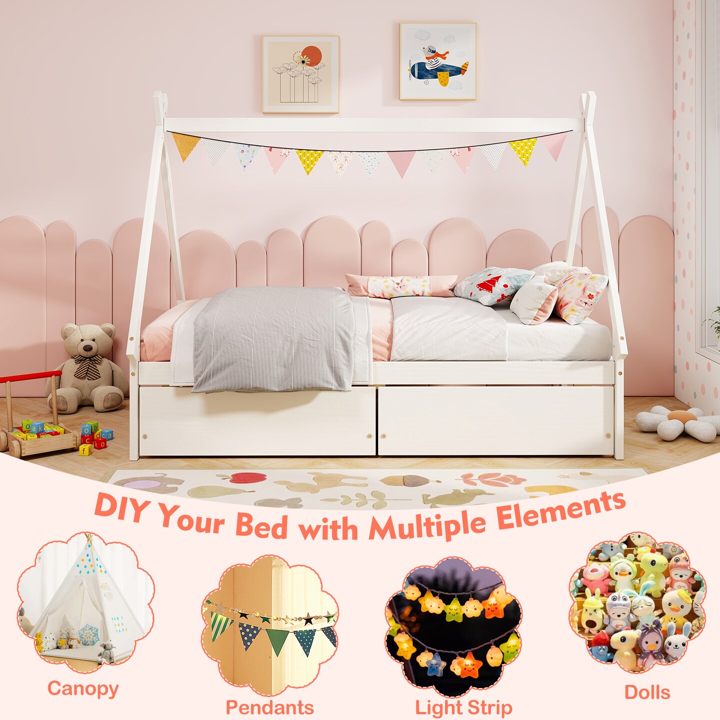 Wooden House Bed with Storage Drawers and DIY Playhouse Design for Kids