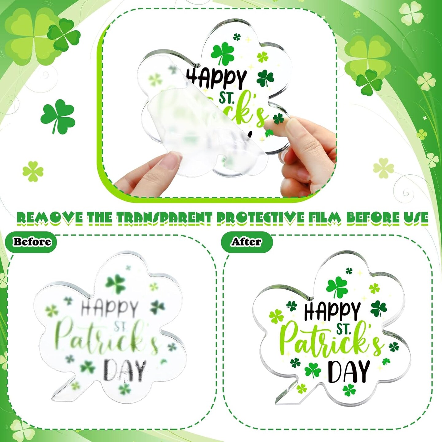 2 Pcs St Patricks Day Gifts Acrylic Shamrocks St Patricks Day Decor for Table, Office Desk, Shelf, Mantle May Your Troubles Be Less Happy Clovers Keepsake Gifts for Home Office, 4.72 x 4.72 inches
