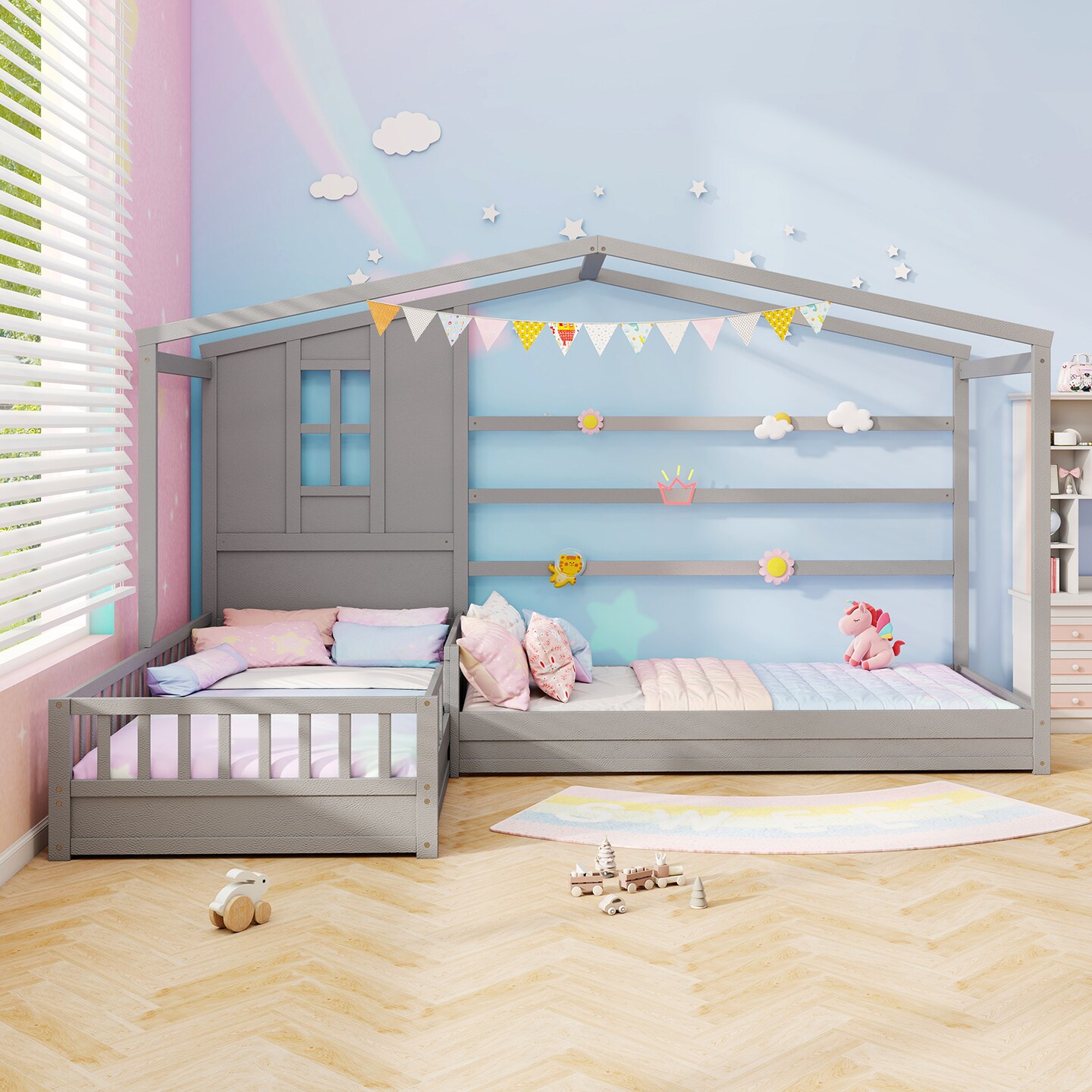 L-shaped Corner Twin House Bed with Guardrails, Creative Roof Design, Solid Wood Frame, and Easy Access