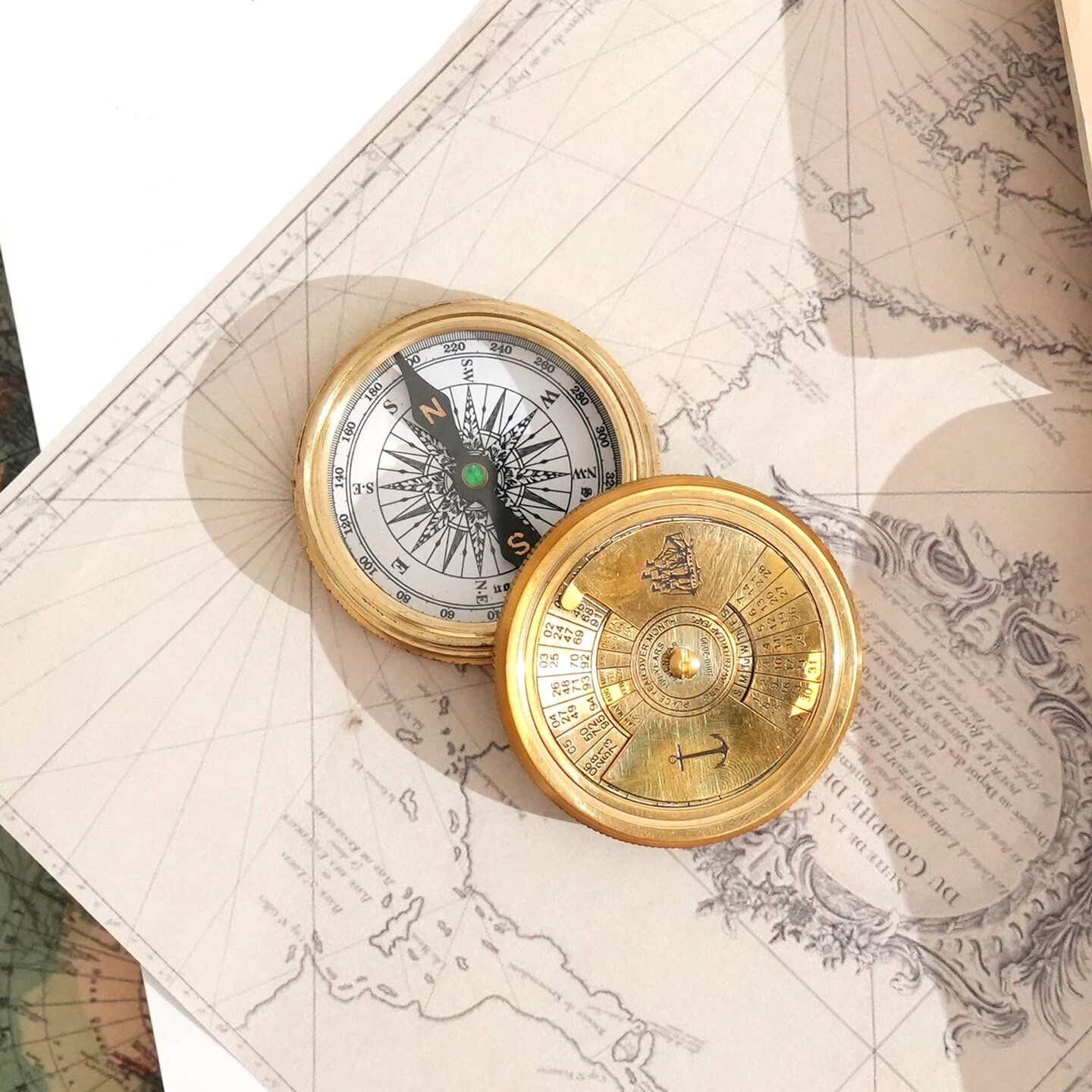 Vintage Collectible Brass Compass with Calender - Gold