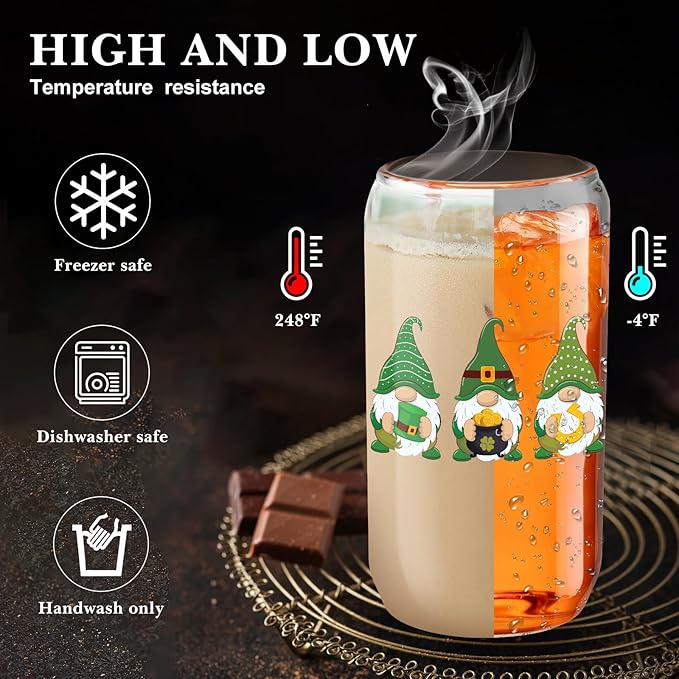 12 Set St Patrick&#x27;s Day Glass Cups 16oz Drinking Glasses with Lids and Straws,Irish Shamrock Can Shaped Iced Coffee Cup for Lucky St Patrick&#x27;s Day Party Supplies Gifts(Cute Style)