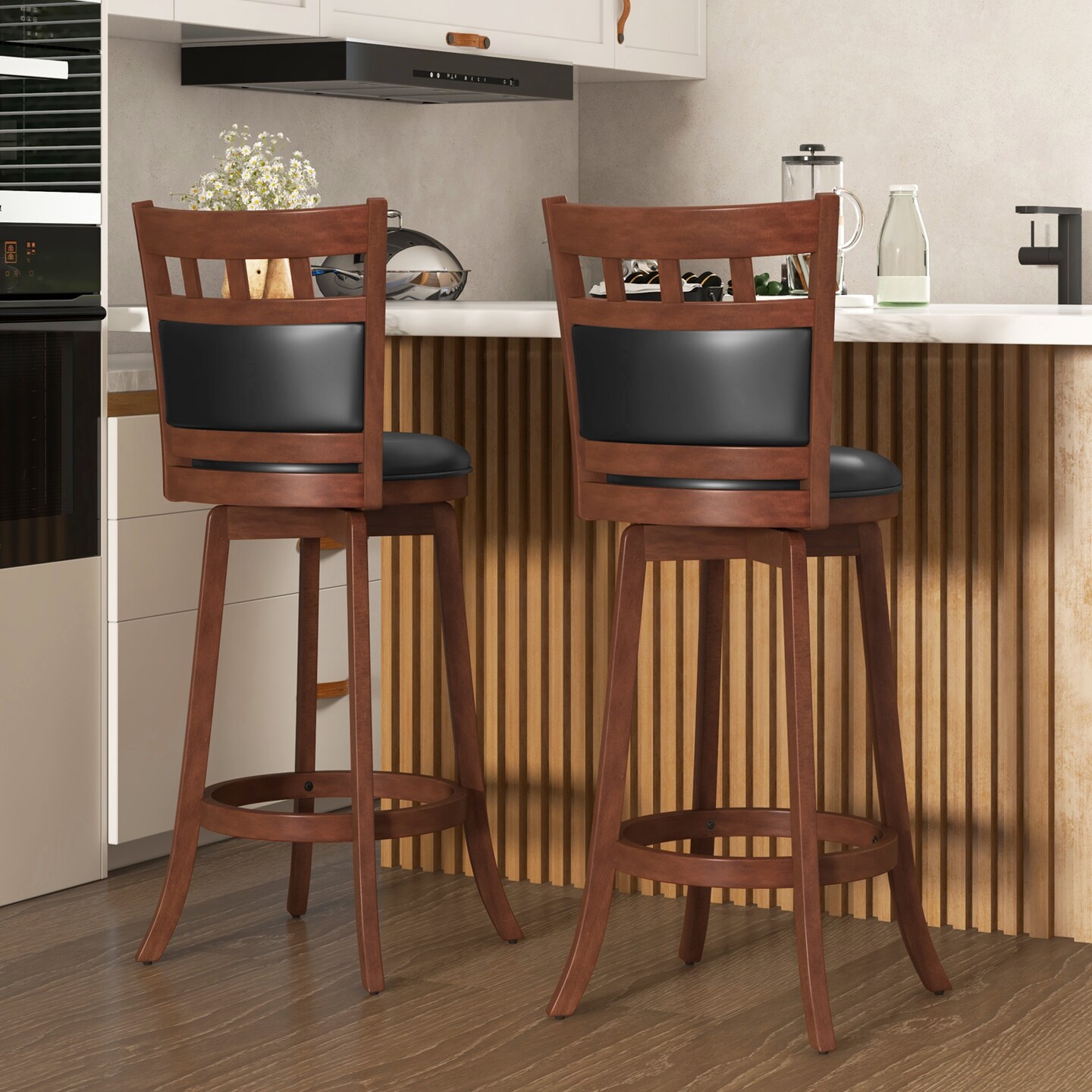 Wood Swivel Bar Stools Set of 2 with Faux Leather Upholstered Seat and Back-Espresso