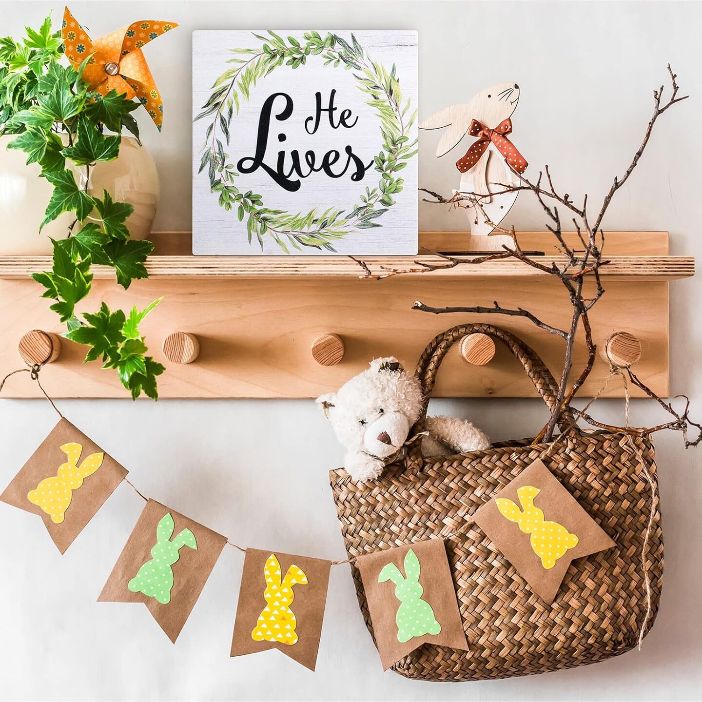 3 Pieces Easter Christian Table Decorations Signs He Is Risen Decor Wooden Inspirational Tiered Tray Block Signs Easter Spring Table Centerpieces He Lives Tabletop Decor for Holidays