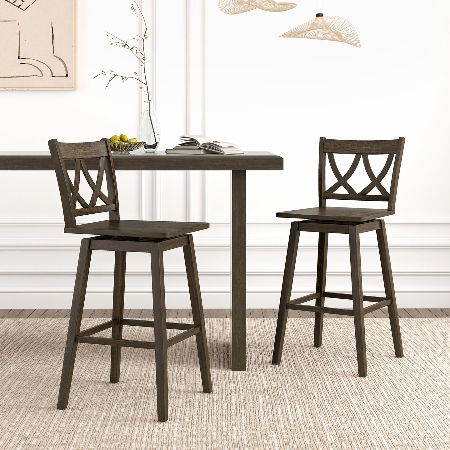 24/29 Inch Bar Stool Set of 2 Wooden Bar Chairs with Rubber Wood Frame, Adjustable Height, Modern Design