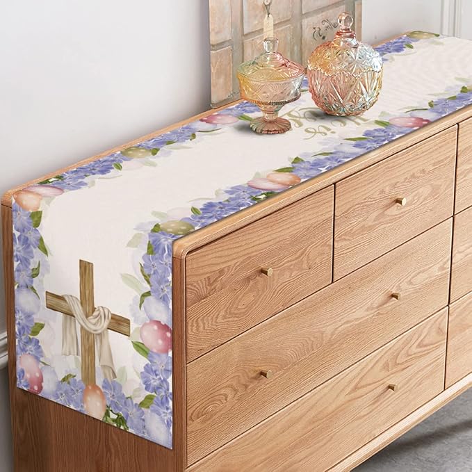 He is Risen Table Runner Easter Egg Spring Jesus Ressurrection Cross Home Kitchen Dining Room Decoration (13" x 72")