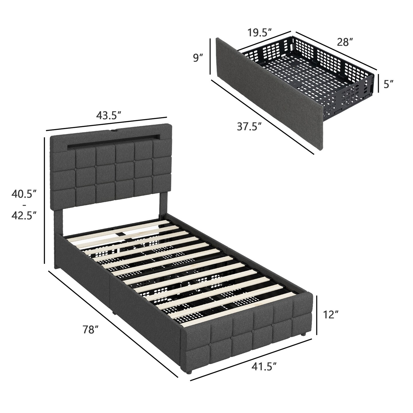 Grey Velvet Upholstered LED Bed Frame with Headboard and Storage Drawers