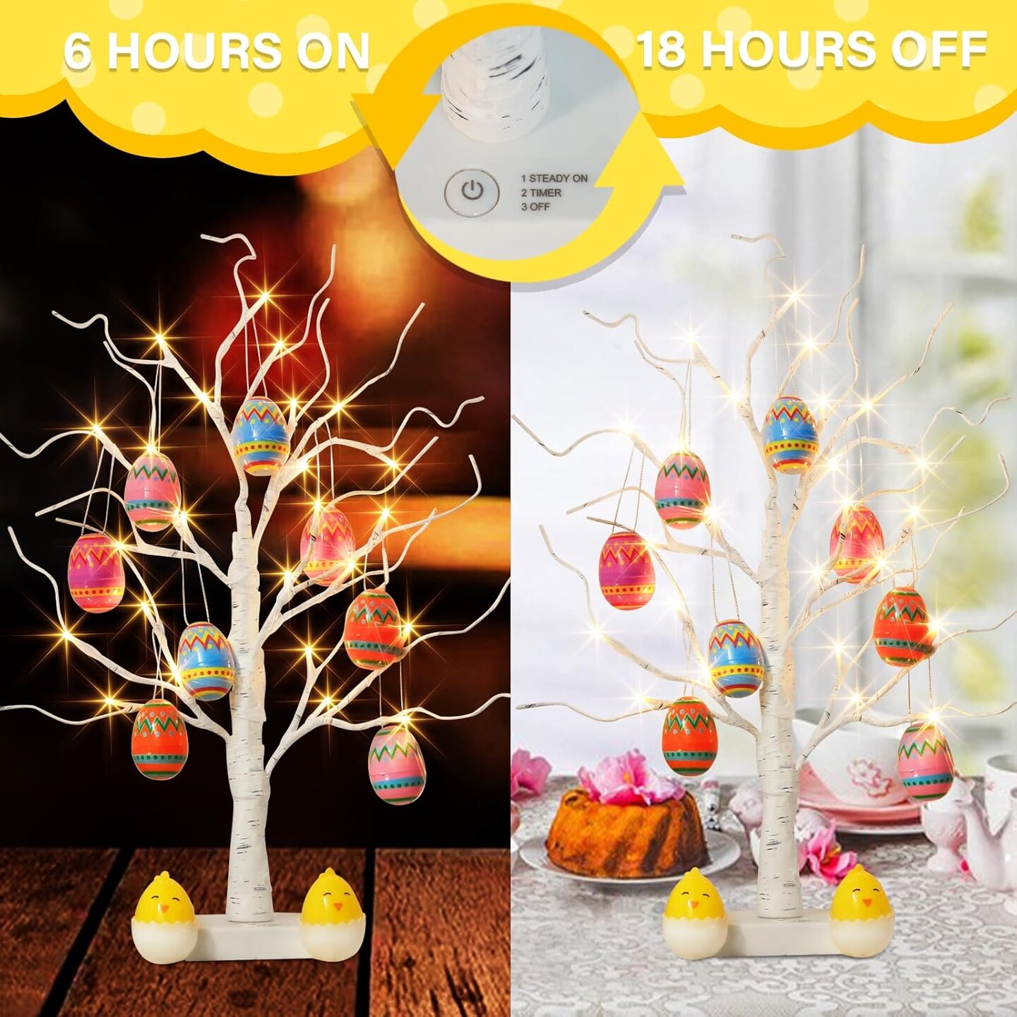 Easter Decorations, Easter Tree with 10pcs Eggs Ornaments, Lighted White Birch Tree with Timer Battery Powered, Twig Tree Tabletop Centerpiece Spring Decorations for Home Kids (2FT/24 LED)