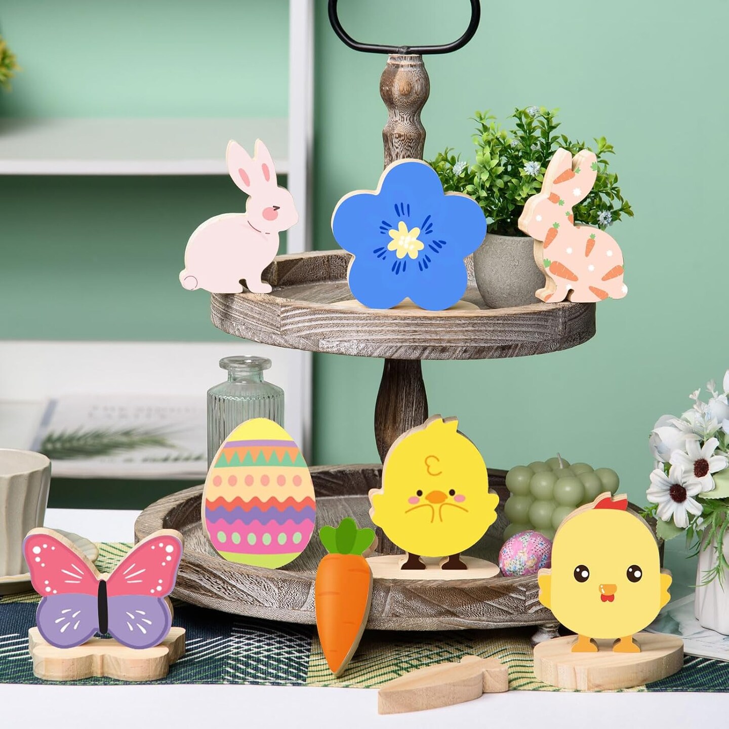 12 Pcs Easter Wooden Cutouts Unfinished Easter Shaped Table Sign Easter Standing Wooden Centerpieces Unpainted Easter Wood Blocks for DIY Crafts School Art Projects Easter Spring Decor,6 Style