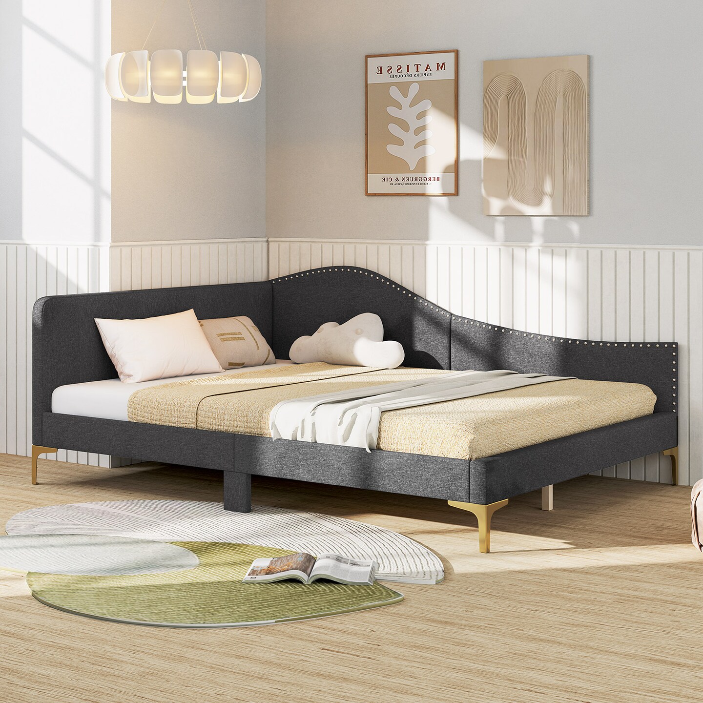 Full/Twin Size Rivet-Tufted Platform Bed with Metal Legs and Wood Slats-Full Size