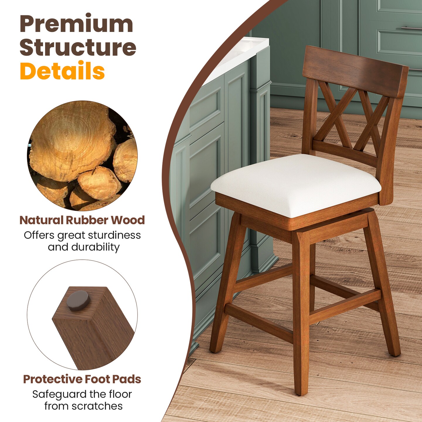 26 Inch Bar Stool with Contoured Backrest, Swivel Padded Seat, Adjustable Height