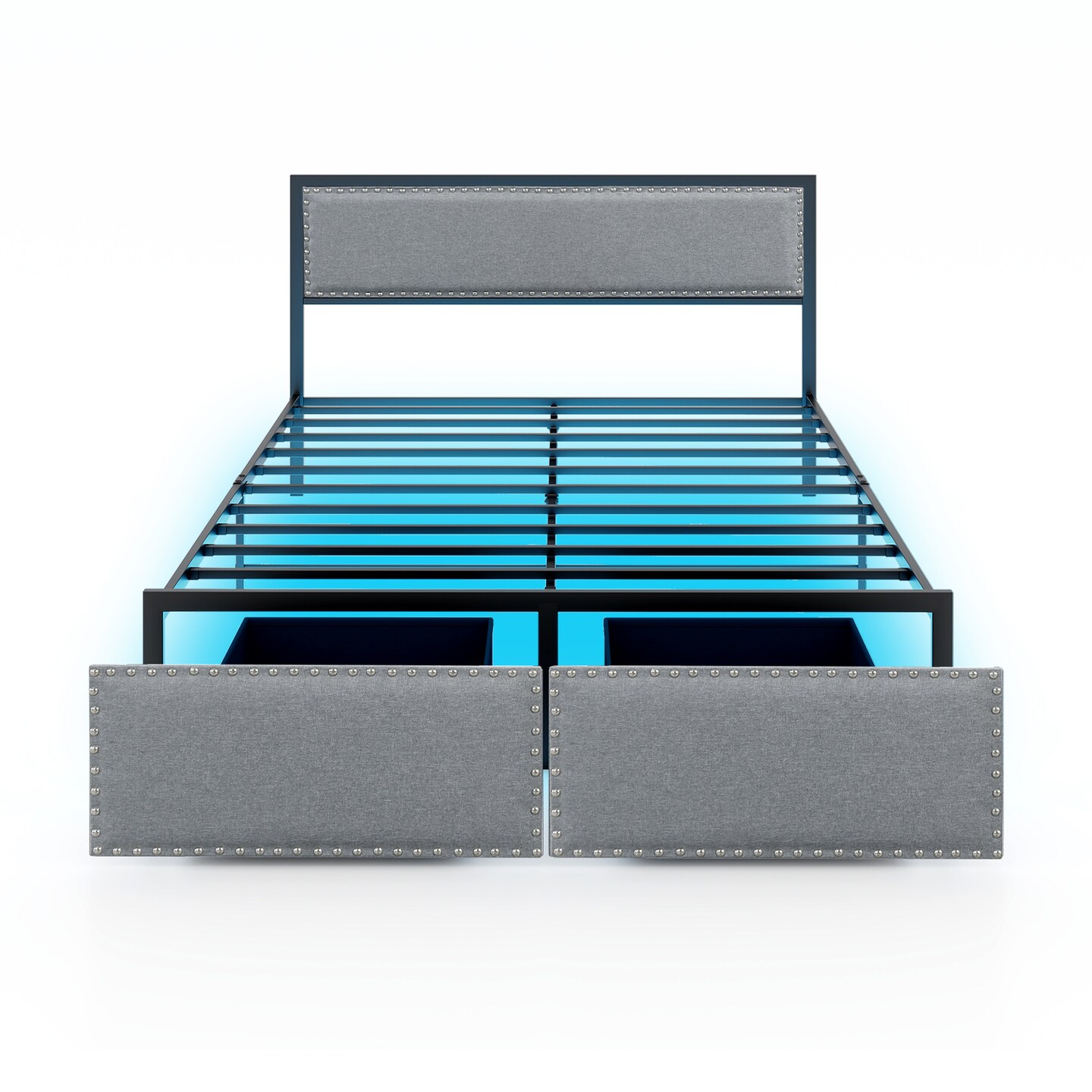 Grey Metal Slats Platform Bed Frame with LED Lights and Drawer