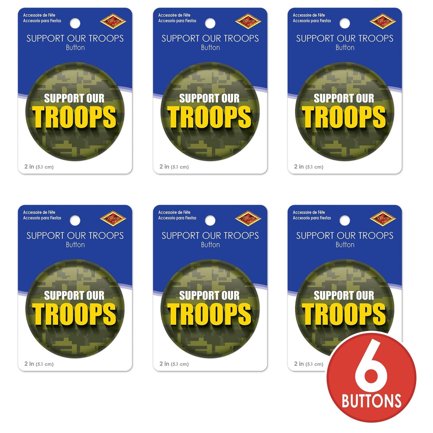 6 Pack Beistle Support Our Troops Button - Camo