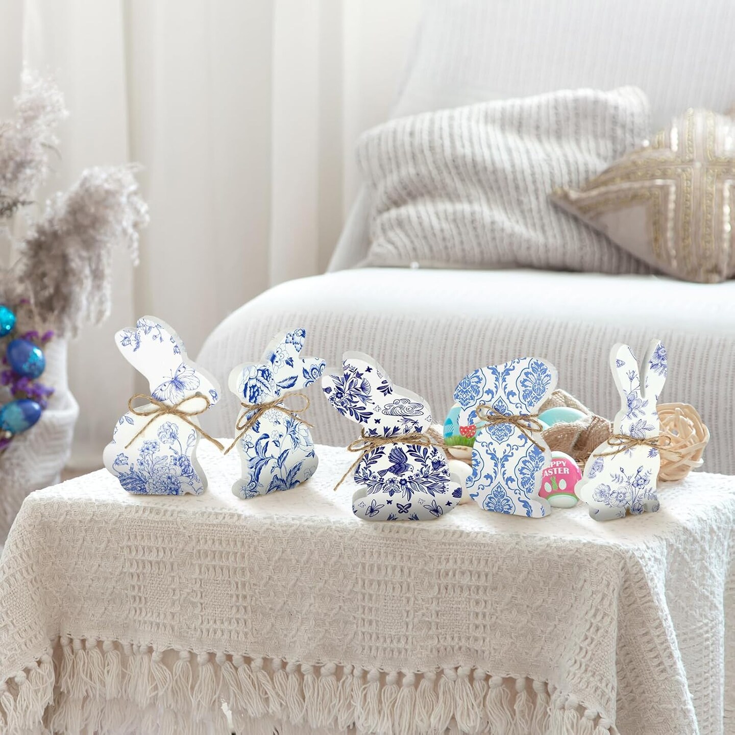 6 Pcs Easter Bunny Wood Signs Table Wooden Farmhouse Decor Spring Rabbit Shaped Wood Tabletop Easter Decor with Rope Dining Room Decorations for Desk Office Tray Home(Blue and White Porcelain)