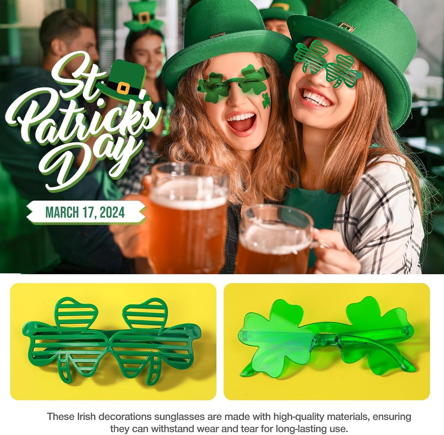 29Pack St Patricks Party Favors of 16pcs Shamrock Beads Necklace Bulk, 6pcs Clover Eyewear Sunglasses, 6pcs Green Hats Headband, 1pc St. Patrick&#x27;s Day Stickers Party Dressing-up Costume Accessories