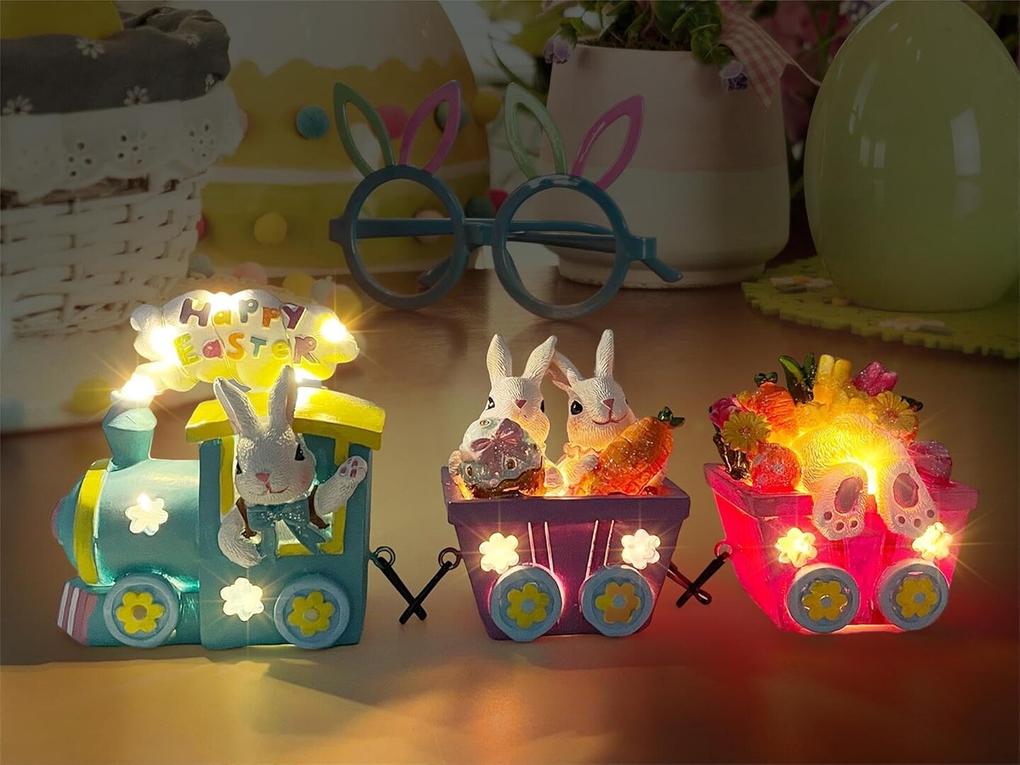 Easter Decorations for Home,Train, LED Easter Table Decor, Home Decor Rabbit Lighted Centerpieces