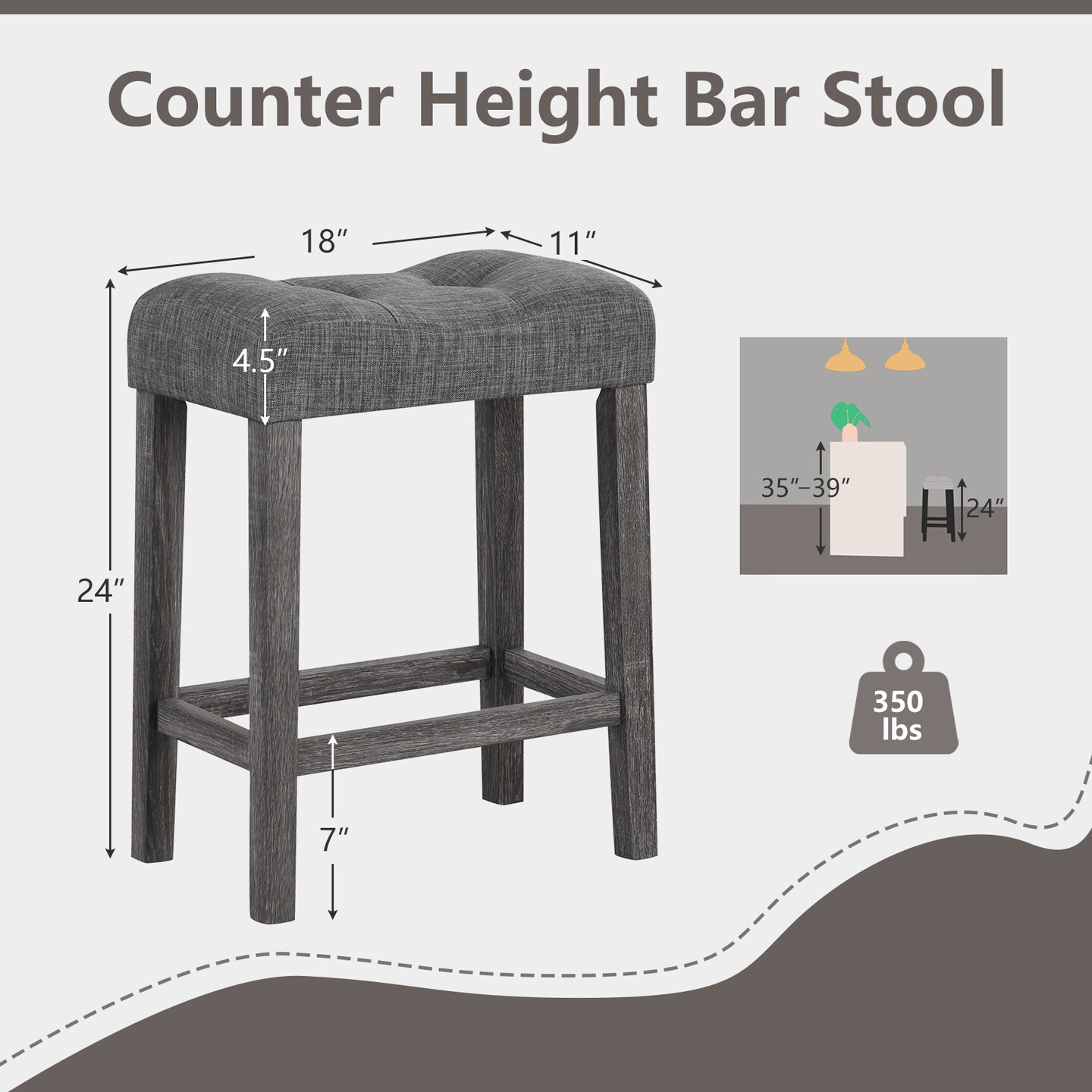 24 Inch Set of 2 Saddle Bar Stools with Padded Seat-Grey