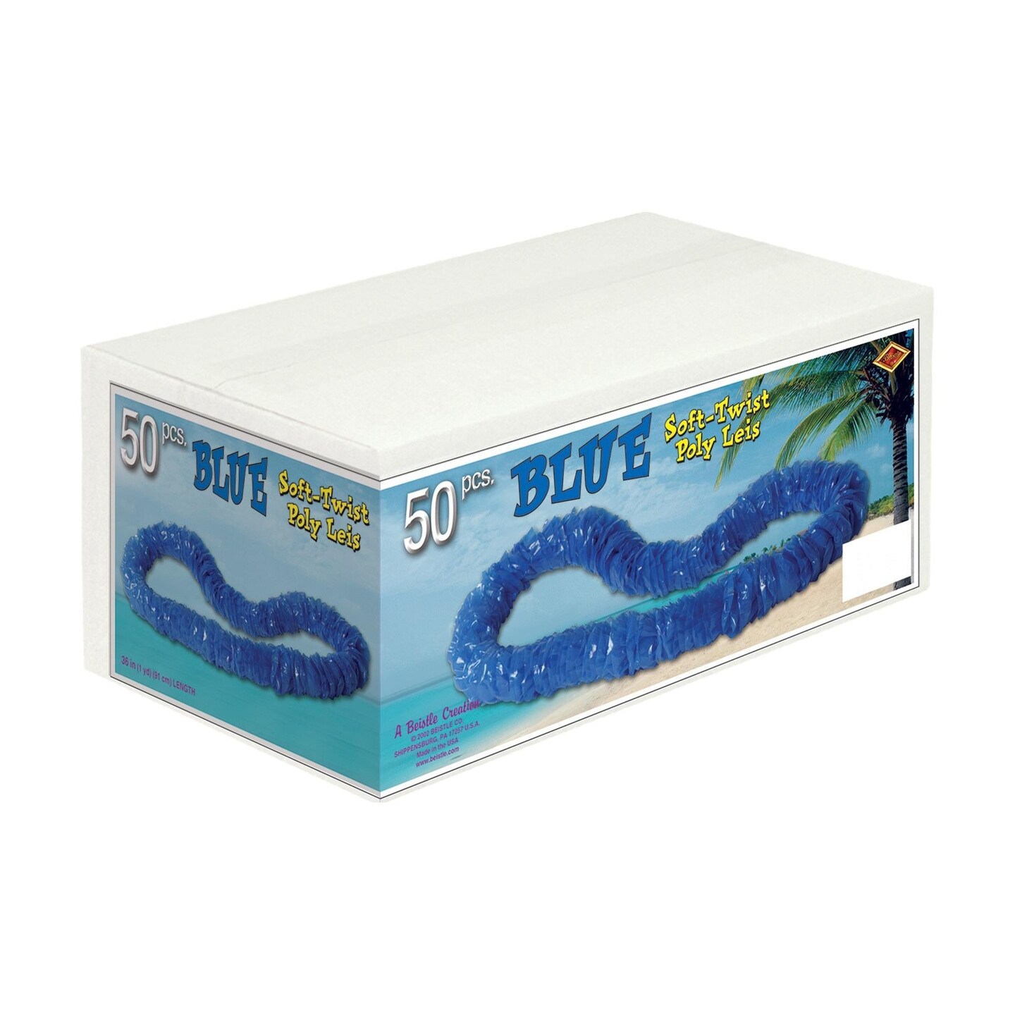 50 Pack Bulk Luau Party Blue Soft-Twist Poly Leis with Labeled Box
