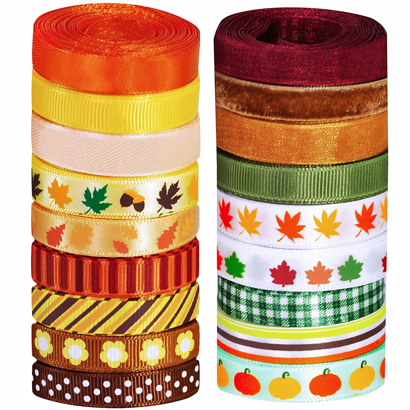 18 Rolls Fall Ribbons Bulk Trims Printed Grosgrain Ribbons Multicolor Satin Ribbons Organza Ribbons Velvet Ribbon 3/8&#x22; Wide for Craft Gift Wrapping Autumn Holiday Wedding Festival Season Party