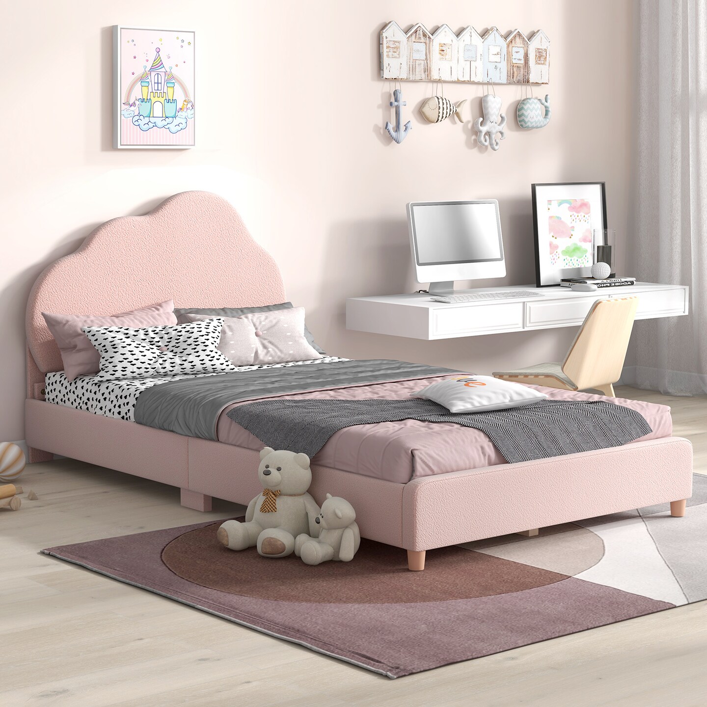 Velvet Kids Twin Bed with Adjustable Headboard Sturdy Wooden Frame and Soft Upholstery