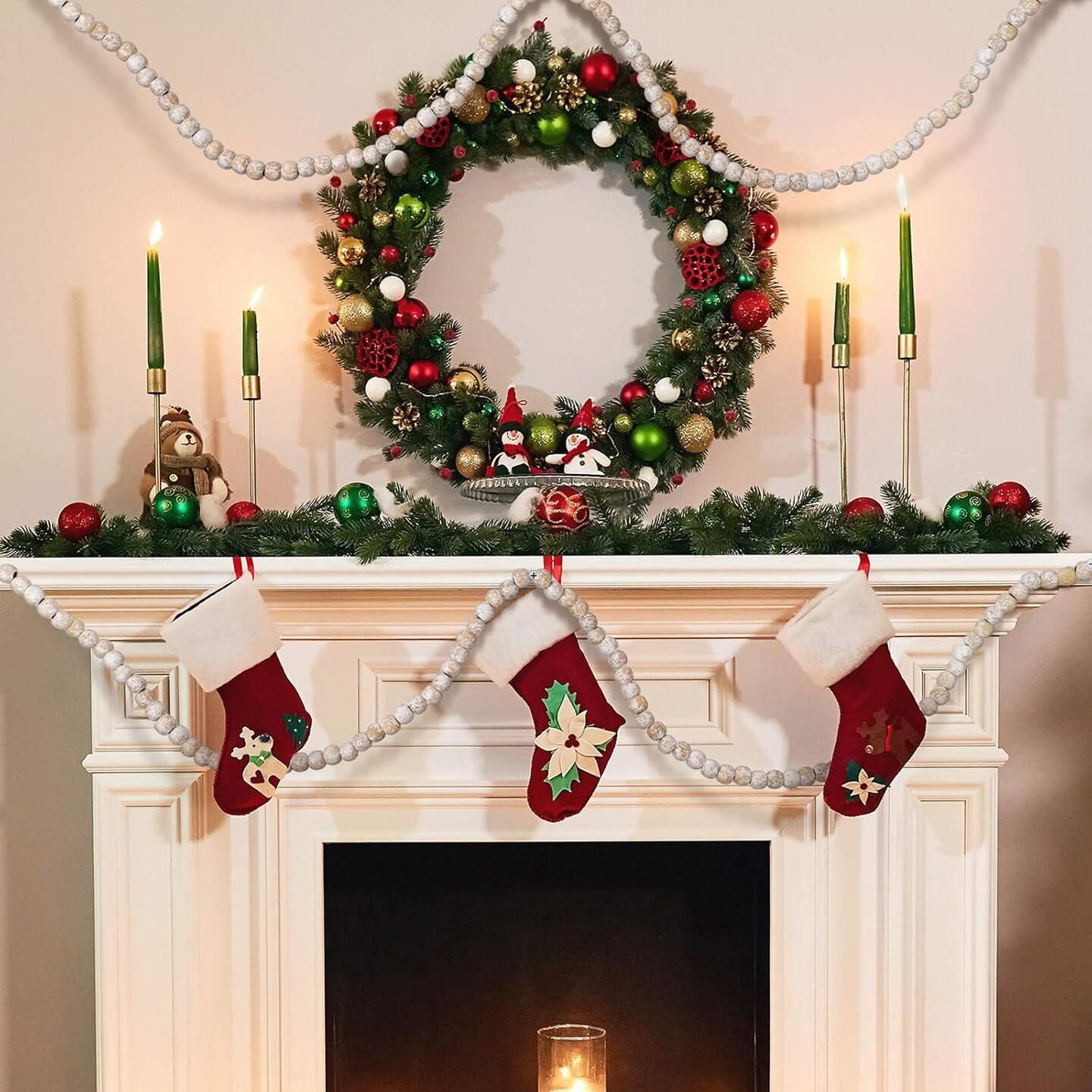 16 Feet Christmas Wood Bead Garland Wooden Bead Garland for Christmas Tree Holiday Decoration (Retro White)