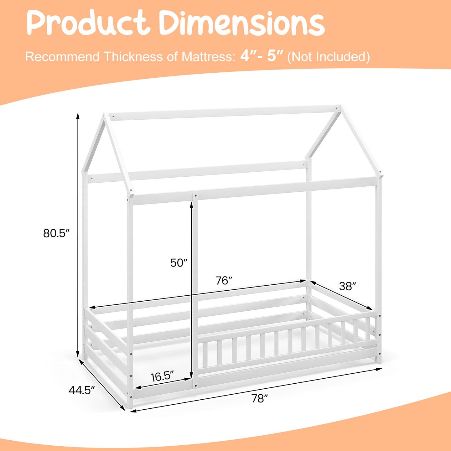 Kids Twin Size Montessori Pine Wood Playhouse Bed with Guardrail for Bedroom